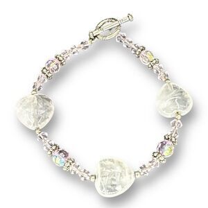 Pink Heart Jadeite Bracelet Coated AB Glass Beads Toggle Clasps Silver Plated